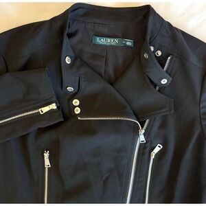 Lauren Ralph Lauren Women Stretch Biker Moto Stretch Jacket 14P Black Zippers